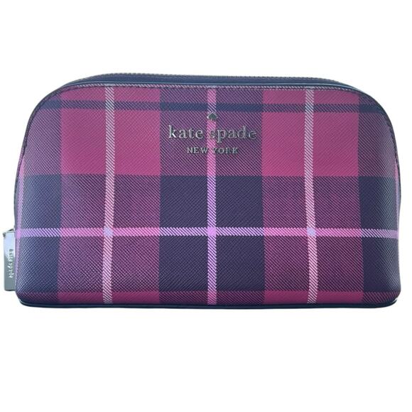Kate Spade New York | Staci Plaid Small Cosmetic Case | Bright Rose, Red & Black - Picture 1 of 12